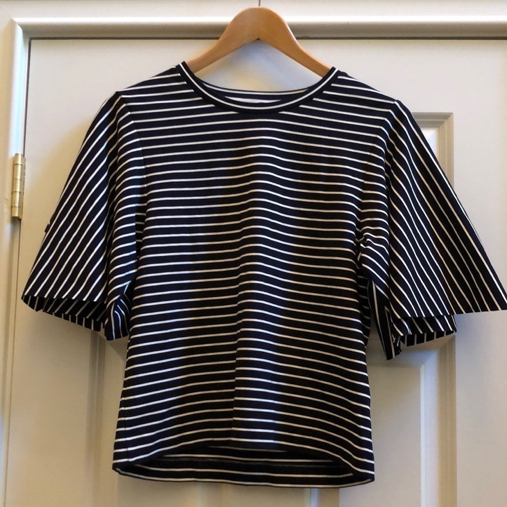 Club Monaco Maryah Navy Striped Flutter Sleeve Top Extra Small